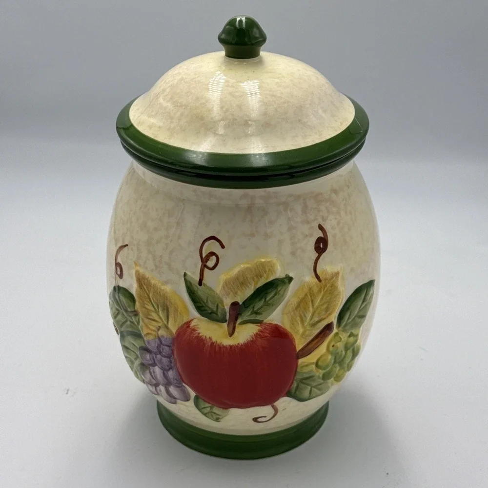 Nonnis Biscotti Cookie Jar Canister Vintage Apple Pear Grape Ceramic Lid 9in